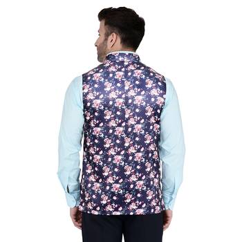 Blue Printed Faux Rayon Nehru Jacket 3