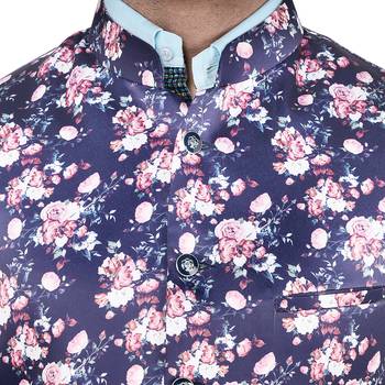 Blue Printed Faux Rayon Nehru Jacket 4