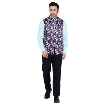 Blue Printed Faux Rayon Nehru Jacket 5