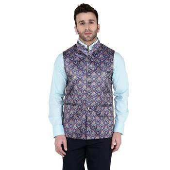 Blue Printed Faux Rayon Nehru Jacket 1