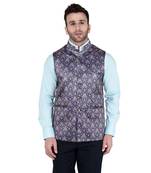 Blue Printed Faux Rayon Nehru Jacket