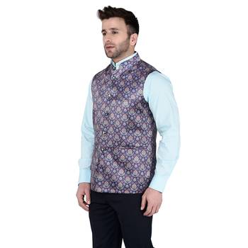 Blue Printed Faux Rayon Nehru Jacket 2