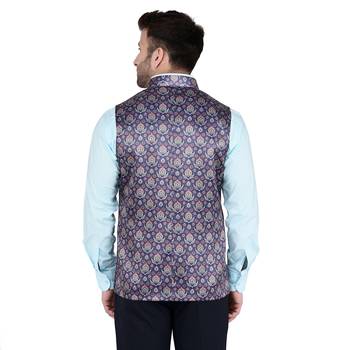 Blue Printed Faux Rayon Nehru Jacket 3