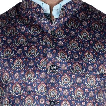 Blue Printed Faux Rayon Nehru Jacket 4