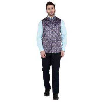 Blue Printed Faux Rayon Nehru Jacket 5