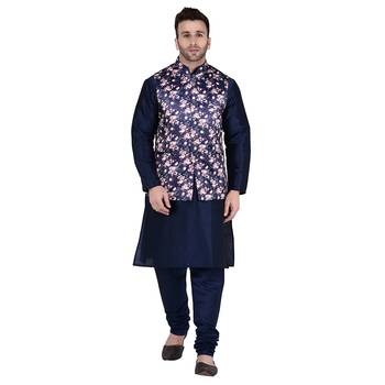 Blue Printed Dupion Silk Kurta Pajama 1