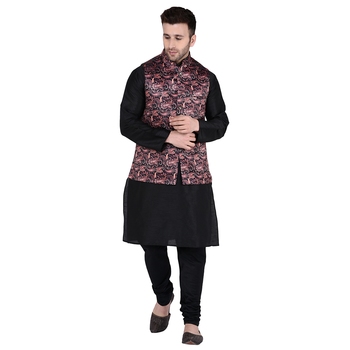 Tag 7 Mens Cotton Regular Fit Kurta Pyjama Set 42 Black