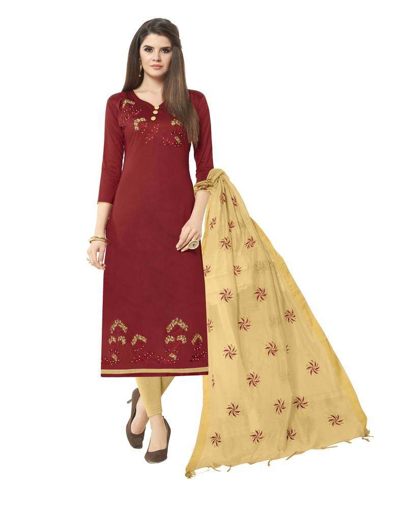 Maroon Slub cotton Embroidered dress material with beads work