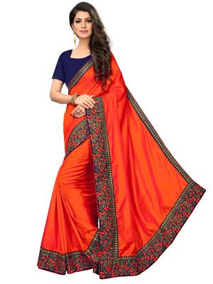 Orange embroidered art silk saree with blouse 2