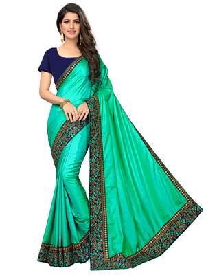 Light green embroidered art silk saree with blouse 1