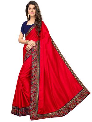 Red embroidered art silk saree with blouse 2