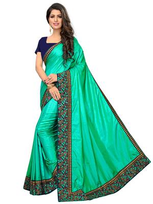 Light green embroidered art silk saree with blouse 2