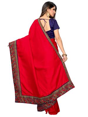 Red embroidered art silk saree with blouse 4