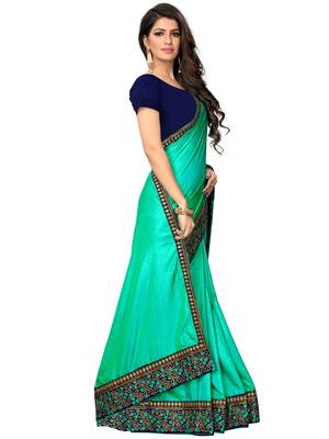 Light green embroidered art silk saree with blouse 3