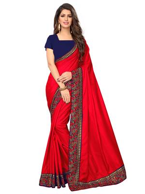 Red embroidered art silk saree with blouse 5
