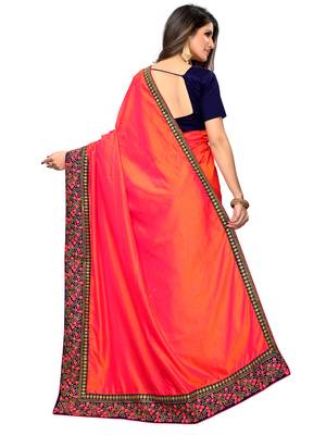 Pink embroidered art silk saree with blouse 4