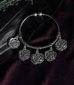 Zerokaata Chunky Floral Oxidized Silver Charm Bracelet