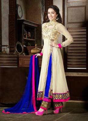 Cream embroidered georgette salwar with dupatta 1