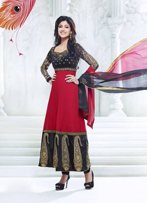 Red embroidered georgette salwar with dupatta 1