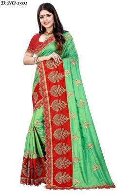 Light green embroidered silk saree with blouse 1