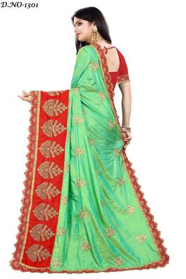 Light green embroidered silk saree with blouse 3