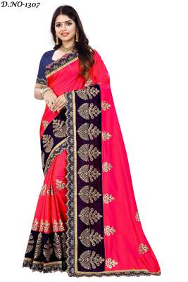 Pink embroidered silk saree with blouse 1