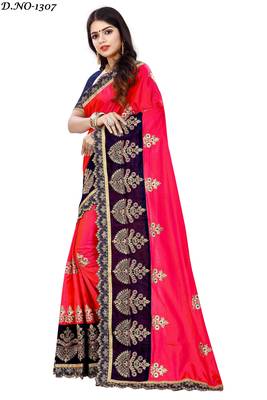 Pink embroidered silk saree with blouse 2