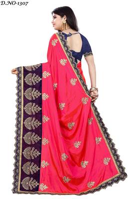 Pink embroidered silk saree with blouse 3