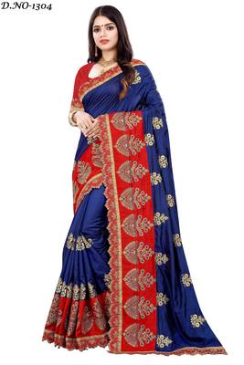 Dark blue embroidered silk saree with blouse 1