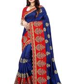 Dark blue embroidered silk saree with blouse