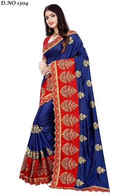 Dark blue embroidered silk saree with blouse 2