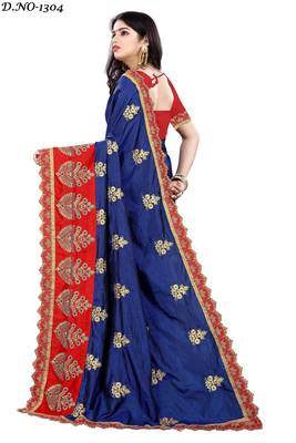 Dark blue embroidered silk saree with blouse 3