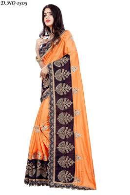 Yellow embroidered silk saree with blouse 3