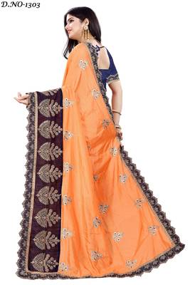 Yellow embroidered silk saree with blouse 4