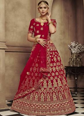 Maroon Thread Embroidery Velvet Semi Stitched Lehenga With Dupatta 1