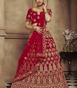 Maroon Thread Embroidery Velvet Semi Stitched Lehenga With Dupatta