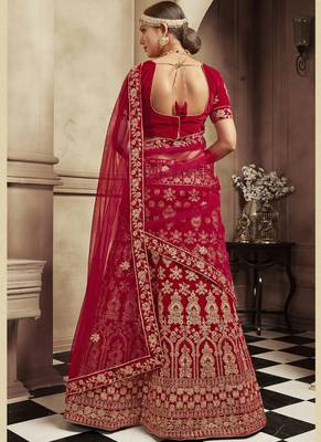 Maroon Thread Embroidery Velvet Semi Stitched Lehenga With Dupatta 2