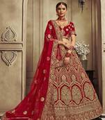 Blood-Red Thread Embroidery Velvet Semi Stitched Lehenga With Dupatta