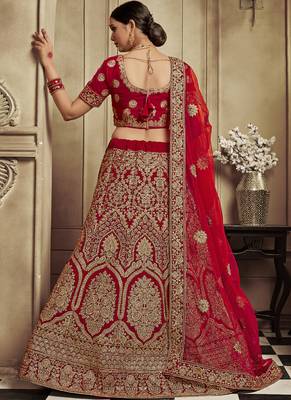 Blood-Red Thread Embroidery Velvet Semi Stitched Lehenga With Dupatta 2