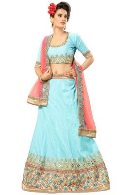 Light-Blue Embroidered Silk Semi Stitched Lehenga With Dupatta 1