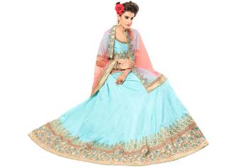 Light-Blue Embroidered Silk Semi Stitched Lehenga With Dupatta 2
