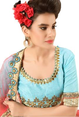 Light-Blue Embroidered Silk Semi Stitched Lehenga With Dupatta 3