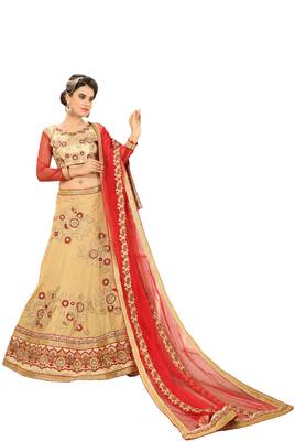 Beige Embroidered Silk Semi Stitched Lehenga With Dupatta 1
