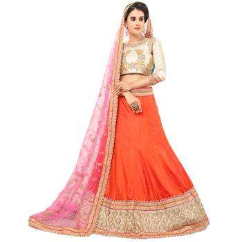 Orange Embroidered Silk Semi Stitched Lehenga With Dupatta 1