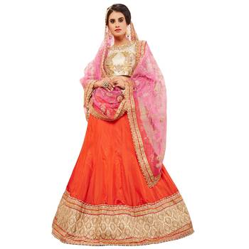 Orange Embroidered Silk Semi Stitched Lehenga With Dupatta 2