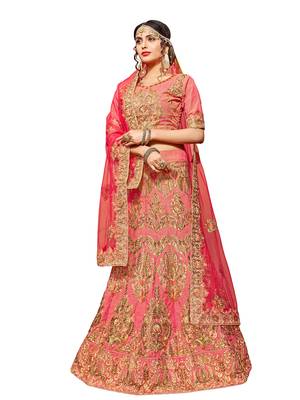 Peach Embroidered Silk Semi Stitched Lehenga With Dupatta 1