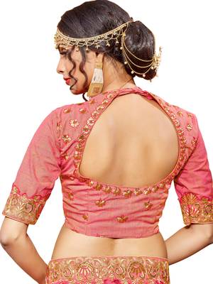 Peach Embroidered Silk Semi Stitched Lehenga With Dupatta 2