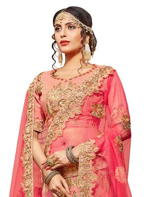 Peach Embroidered Silk Semi Stitched Lehenga With Dupatta 4