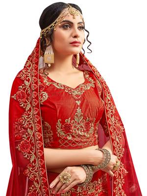 Red Embroidered Silk Semi Stitched Lehenga With Dupatta 2