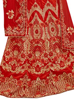 Red Embroidered Silk Semi Stitched Lehenga With Dupatta 4